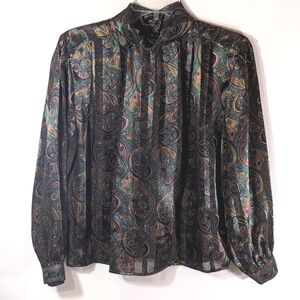 Petite Sophisticate Forest Green Paisley Long Sleeve Blouse Top - Size 6